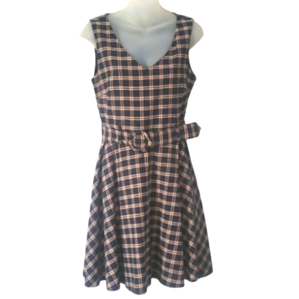 Princess Highway V Neck Plaid Sleeveless Dress Belted Navy Blue Tan DarkAcademia